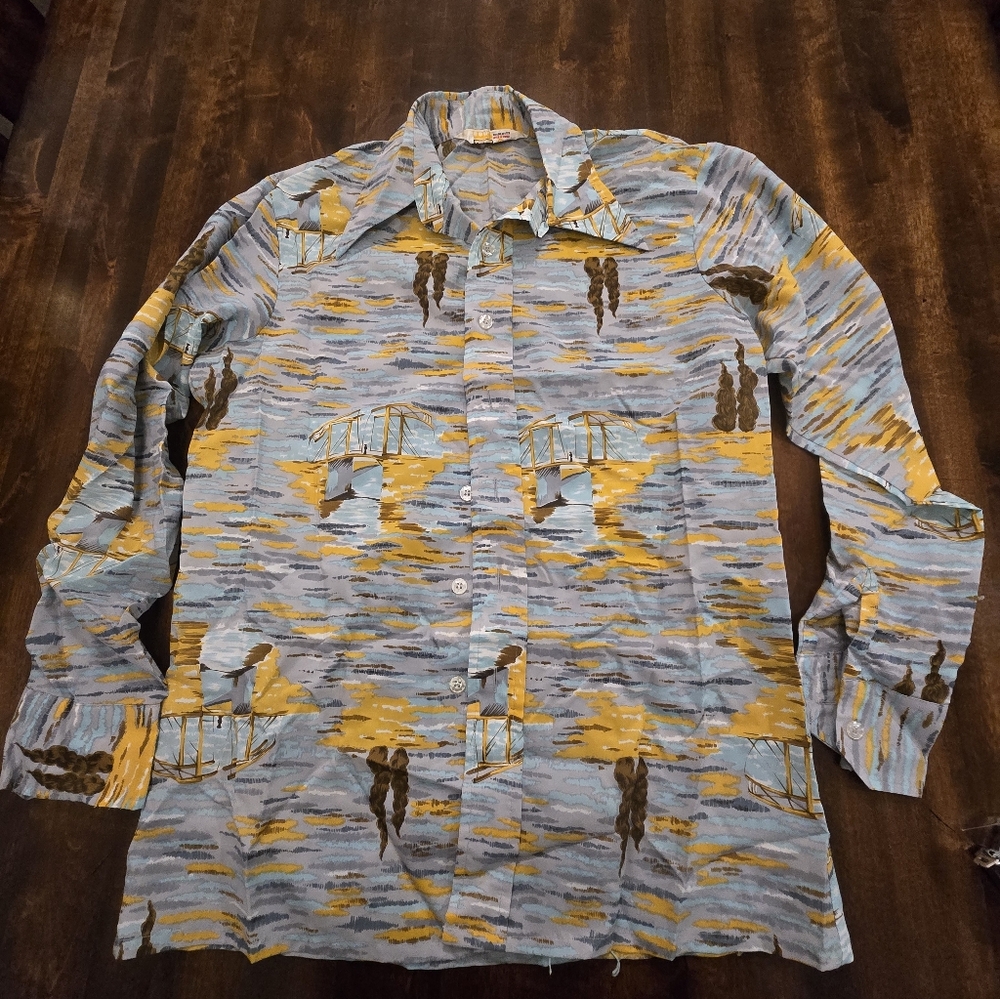 True Vintage 70s Tab Collar Casual Button Down Long Sleeve Shirt